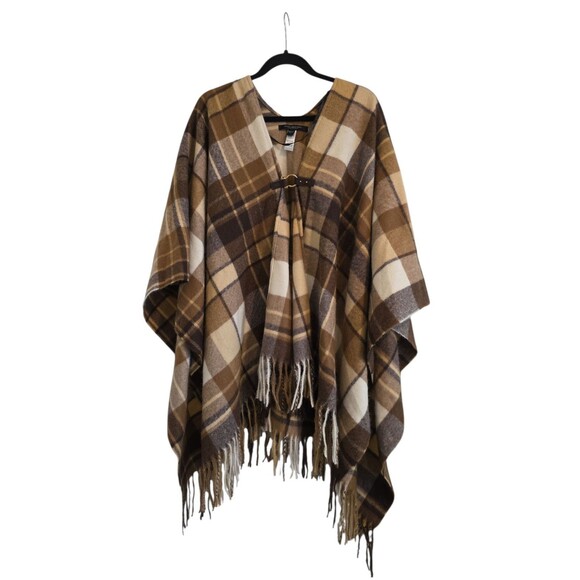 Marc New York Women's Brown & Tan Plaid Poncho Cape With Collar One Size - Picture 1 of 6
